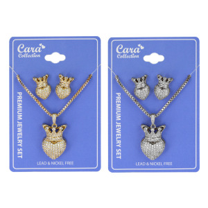 Premium Jewelry, Heart with Crown Design Earrings and Necklace #09, 1 SET
