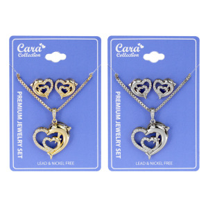 Premium Jewelry, Heart Design Earrings and Necklace #12 Dolphin Design, 1 SET