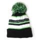 Black & Lime Green, Cuff Pom Pom Stripe Knit Beanie, Premium Plain Skull Slouch Hat Cap